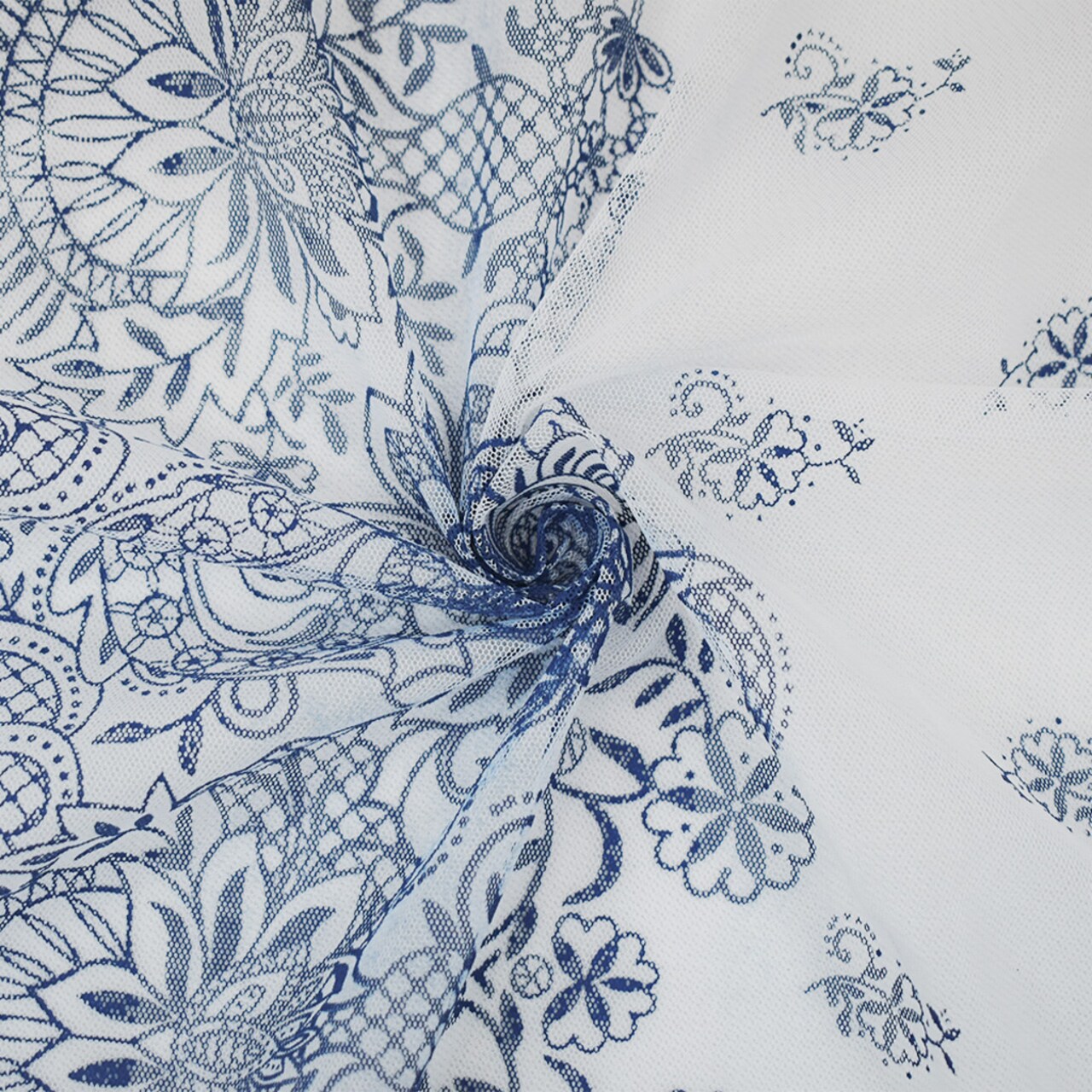 White-Dark Blue Nylon Floral Border Printed Mesh Tulle Fabric By the Yard